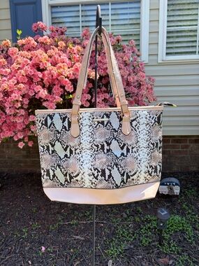 Fashion Snake-Print Tote with Pale Pink Trim NWOT